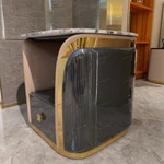 Marble-Top Sofa Side Table with Curved Beige Side Panels, Dark Textured Cabinet Body and Single Storage Drawer
